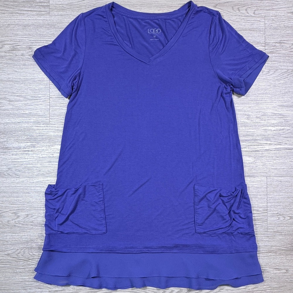 LOGO Lori Goldstein‎ Women's Tunic Top Purple Medium V-Neck Pockets Ruffle Hem